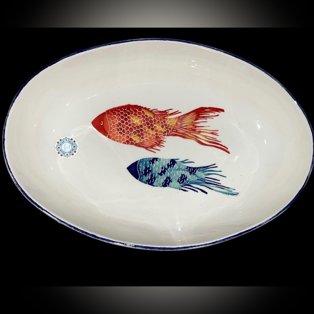 Papart Ceramic Turkish Coastal Red Blue koi FISH hand painted large Serving Bowl